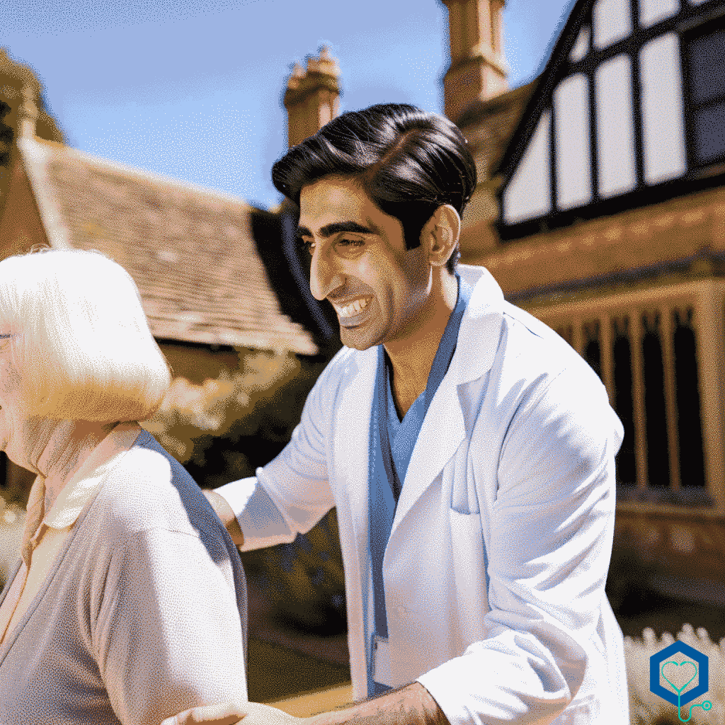 A Middle-Eastern male Health Care Assistant is diligently working within the Mental Health sector for Older People in Leicester, England. He is assisting an elderly Caucasian woman with a warm smile, helping her walk through a beautiful garden under the clear, sunny sky. The architecture around them reflects the traditional English style, with lush greenery adding to the serenity of the day.