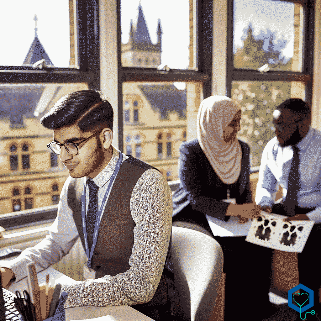 A bustling office scenario in picturesque Northampton: A psychology graduate intern, a young Caucasian male with glasses and a neatly combed hair, is engrossed in his work. He's seated at a compact work station, scanning a patient's cognitive report. His nearby female Middle-Eastern colleague, who's also a psychology intern, with her hijabi style, is interacting with a Black male client, showing him a Rorschach inkblot test. The ambient light streaming in through the large windows paints a beautiful day. Evidence of the psychology discipline, like the psychology textbook, charts, and other stationery, is scattered around.