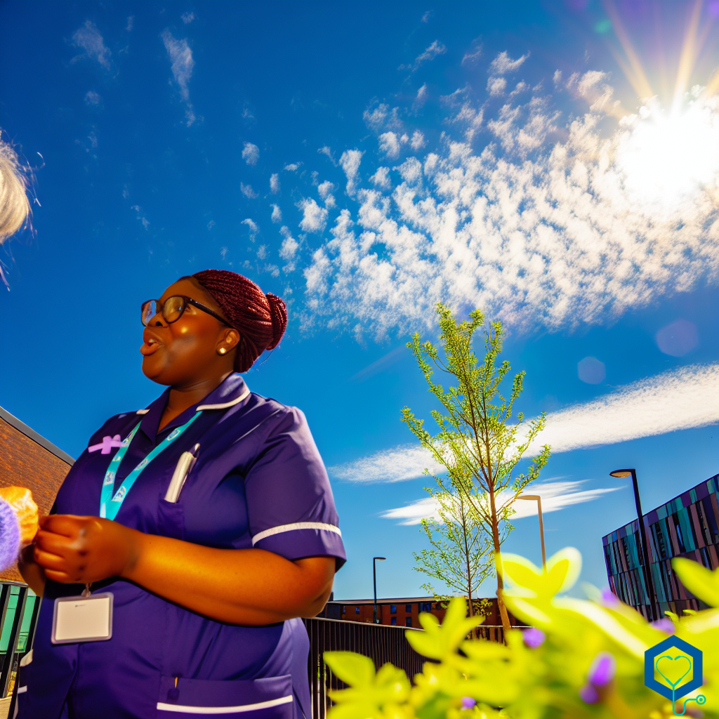 A female Children & Young People Support Worker of black descent is engaged in her duties in Motherwell, UK. It's an awe-inspiring day with a brilliant azure sky studded with white cotton-like clouds, the sun diffusing its warmth over the city. Plant life is vibrant, enhancing the beauty of the scene. The woman is interacting compassionately with children and teenagers, providing emotional support and guide. She wears her uniform with pride and dedication.