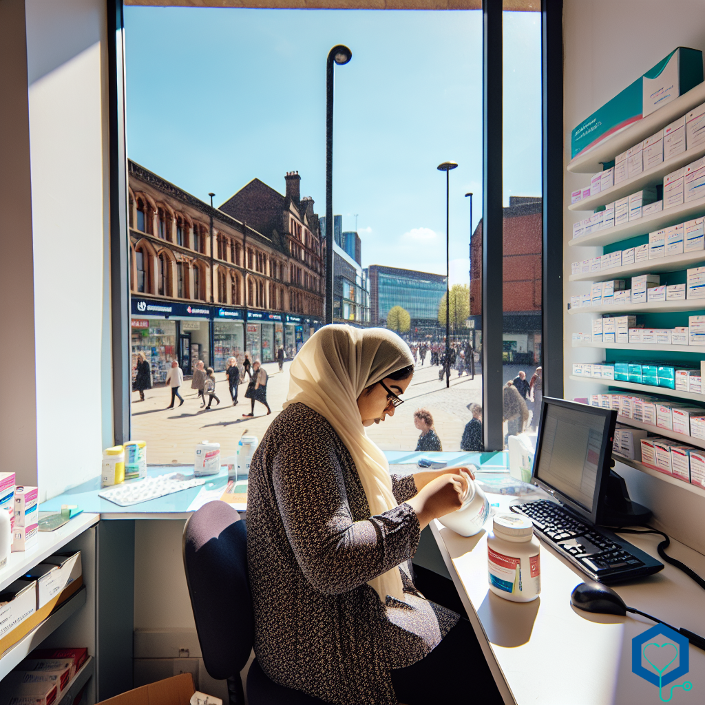 A Pharmacy Support Worker engrossed in their tasks in Manchester, England, United Kingdom. It's a splendid day with clear blue skies and the sun is shining brightly. The worker, a Middle-Eastern woman, is diligently sorting and organizing pharmaceuticals behind the counter. The pharmacy itself is neat and organized, with shelves filled with neatly arranged product boxes. Outside, through the pharmacy window, one can see the bustling life of Manchester city, people of diverse descents walking by, the cityscape and the cars zooming past on a beautiful sunlit day.