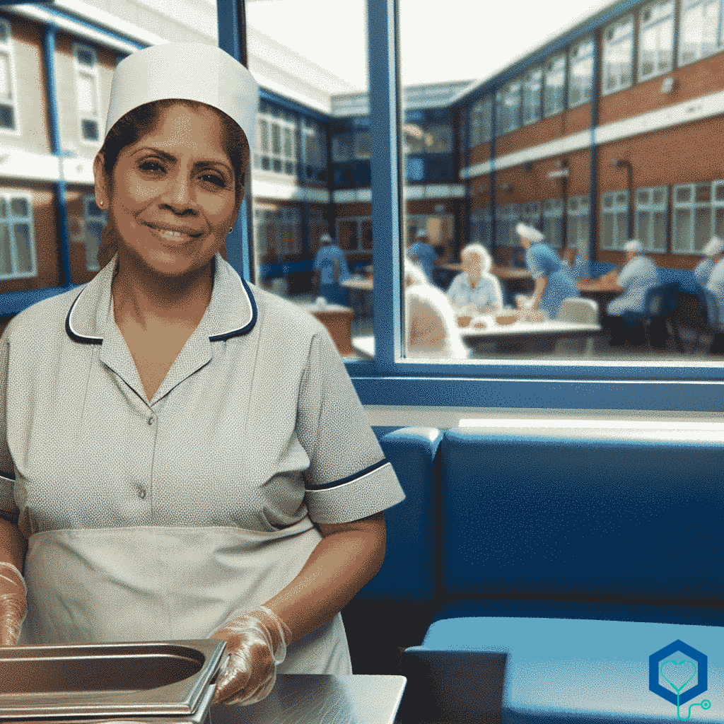 An image of a Hispanic female Catering Assistant at Ludlow Hospital, carrying out her daily duties. It's a beautiful day in Ludlow, with clear blue skies and sunlight streaming through the windows of the hospital. The Catering Assistant is preparing meals, her workspace is clean and organized, her uniform is crisp and professional, and she wears a warm, empathetic smile. The background depicts patients and healthcare workers, going about their day, adding to the bustling environment of the hospital.