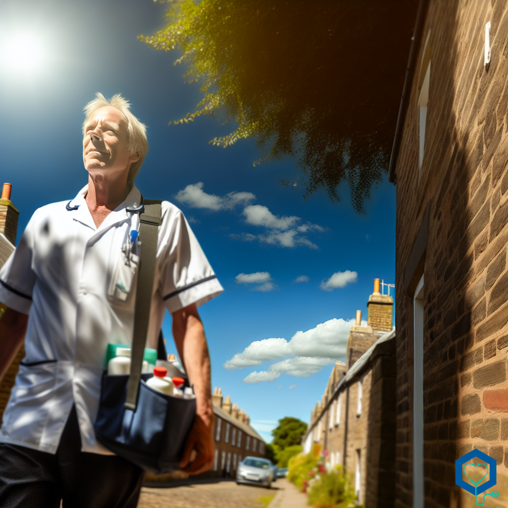 An image of a Caucasian male Care Worker in Haddington, UK, going about his duties on a sunny day. He's outside, the sky is clear with a brilliant blue hue, and it's filled with fluffy white clouds. He's seen wearing his professional uniform, carrying medical supplies in his bag. He's walking down a typical UK street lined with brick houses, and trees casting dappled shadows on the cobbled pathways. The picture depicts his dedication to his profession and the care he provides.