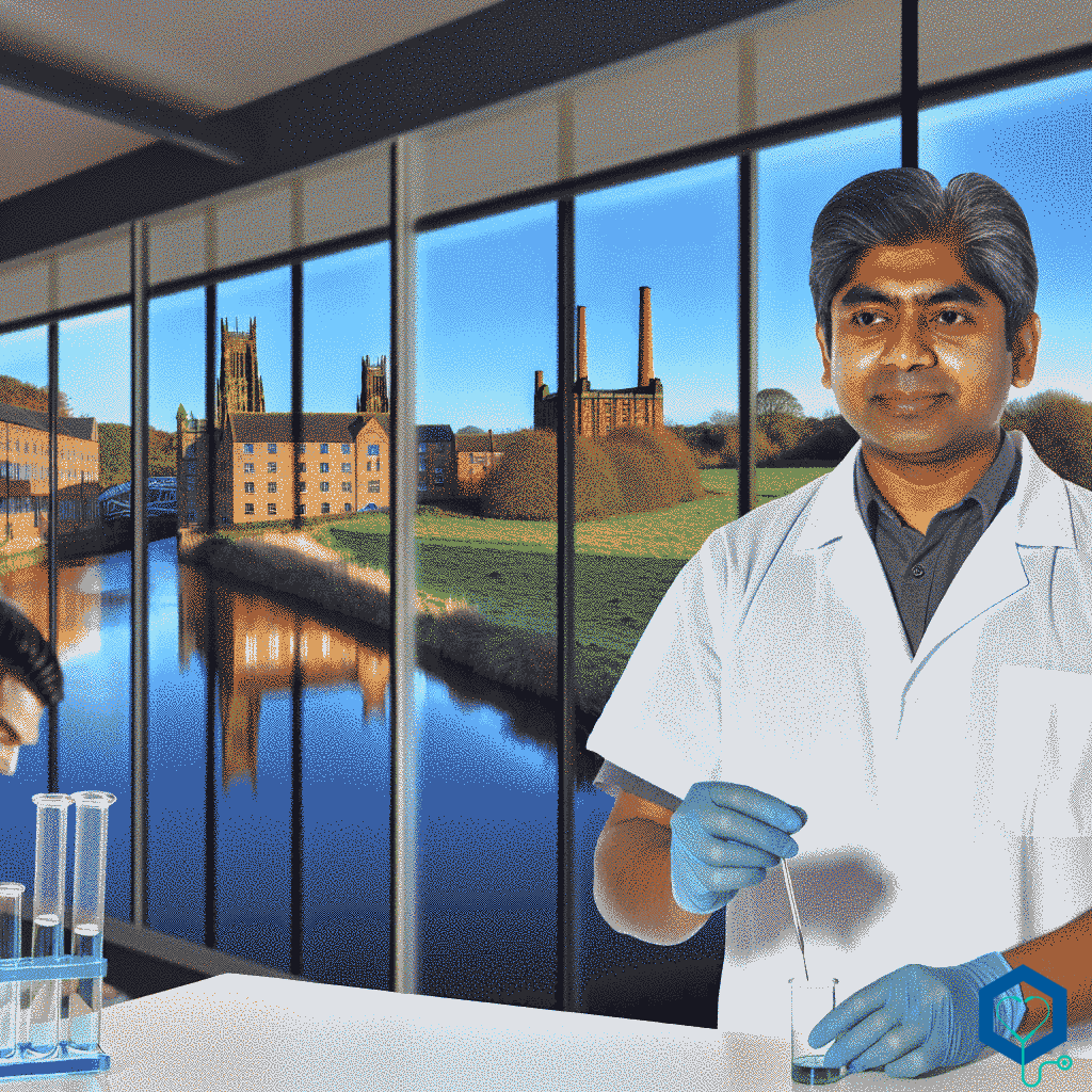 A South Asian male Medical Laboratory Assistant performing diverse scientific experiment procedures in a well-lit laboratory setting, placed in the city of Derby. The lab has expansive glass windows displaying the sunlit river Derwent flowing gently, the city's traditional mills, and the peaceful green landscapes under the clear blue sky.