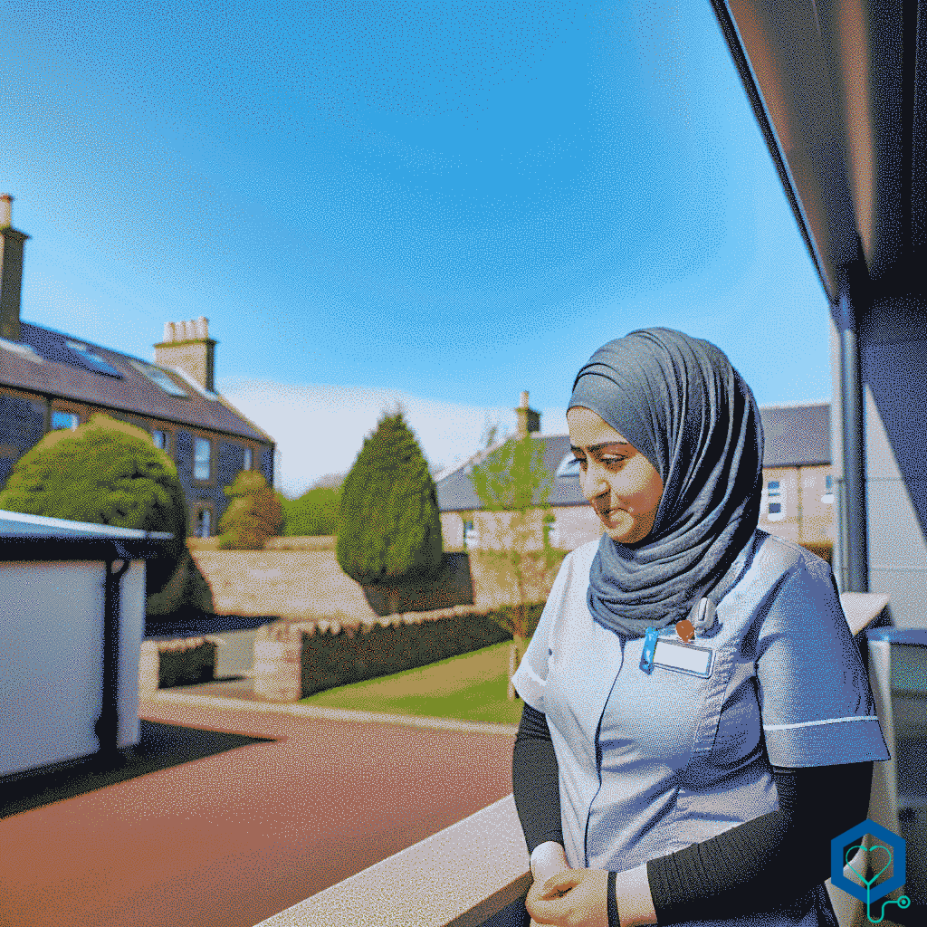 A Middle Eastern female Health Care Assistant at work in Kirkcaldy, Scotland, United Kingdom. She is tending to her duties amid a beautiful day, with clear, bright skies overhead and a calm, serene environment surrounding her. The healthcare facility is modern and clean, reflecting the high-quality healthcare service delivery. Outside the facility, lush greenery and the typical Scottish architecture can be seen.