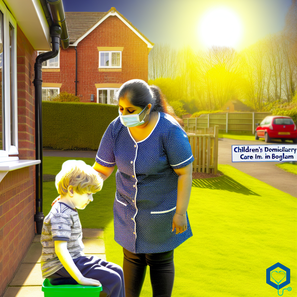 A Children's Domiciliary Carer at work in Bolton, England, United Kingdom on a splendid day. The carer depicted is a South Asian woman diligently caring for a young Caucasian patient. The scene showcases the peaceful surroundings of a suburban neighborhood, with the sun shining brightly, creating a warm and inviting atmosphere. It portrays a typical workday in England where we see a routine household visit by a dedicated carer helping with day-to-day activities of a child with special needs.