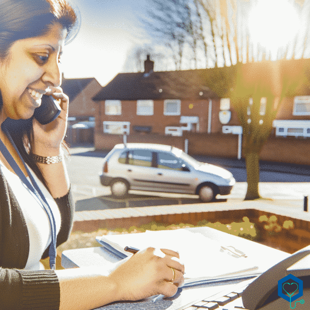 A Hispanic female medical receptionist at her workplace in a suburban town setting, presumably Willenhall, West Midlands. She is busy managing her tasks, possibly checking appointments and answering phone calls. The day outside is radiant and beautiful, with a clear sky and the sun is shining brightly. It's a typical day, filled with the hustle and bustle of the healthcare environment, but also with a sense of calm due to the pleasant weather outside.