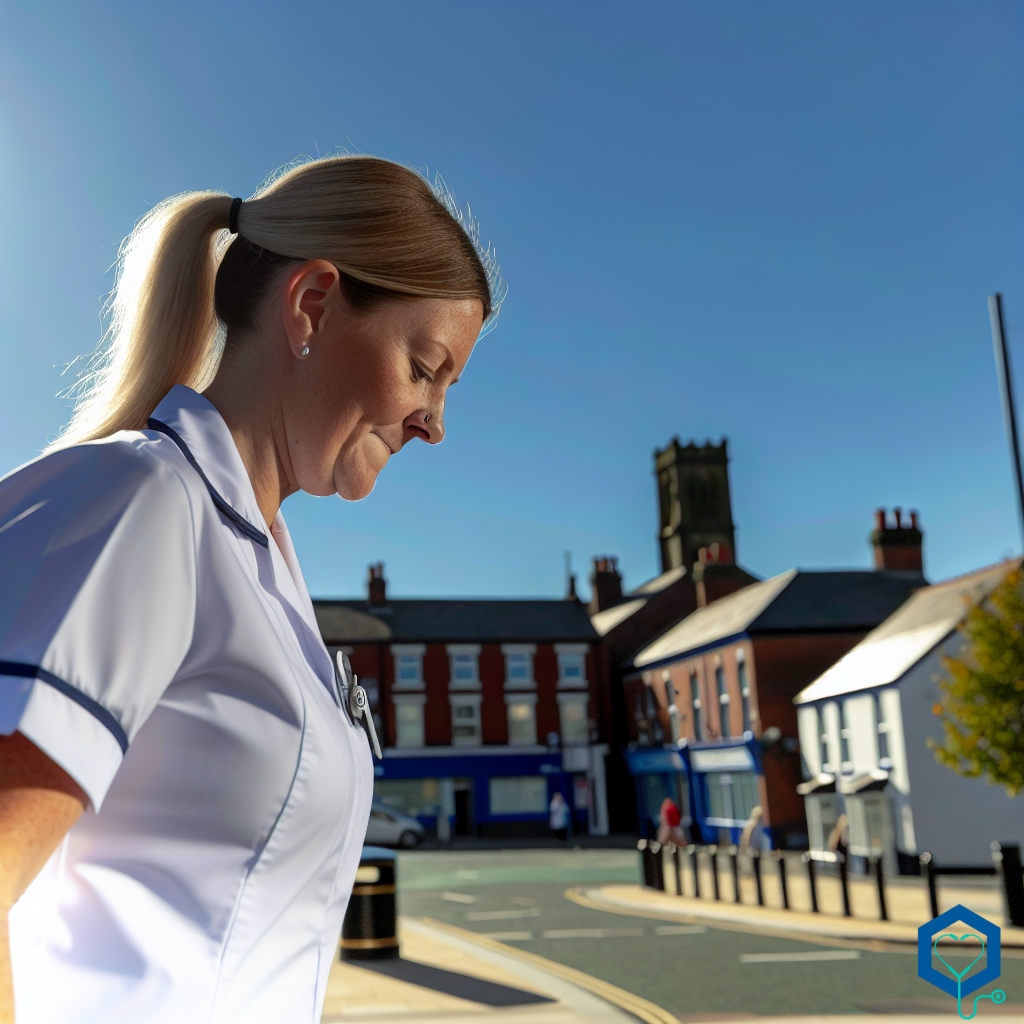 A Caucasian female Registered Nurse attending to her duties at work in the bright and active town of Stockport on a sunny day. She is wearing a crisp white uniform with an ID badge. The sky is a clear blue and the sun shines warmly, showcasing the beautifully maintained local architecture. She moves with grace and confidence, her face reflecting the dedication and empathy inherent in her profession.