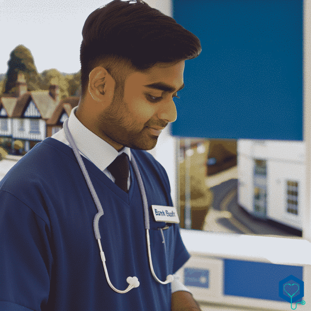 A South Asian male Bank Staff Nurse diligently at work in a modern medical facility located in a picturesque town setting, similar to the landscapes of Frimley, Ascot, Slough. It's a beautiful, sunny day outside, the sky is clear and blue, and the atmosphere within the healthcare center is calm and serene.