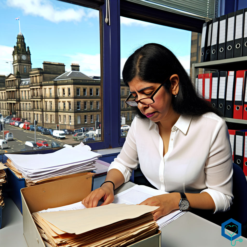 A Hispanic female Clerical Officer is diligently working on health records in an office surrounded by shelves full of files, in Glasgow, Scotland. She is engrossed in her paperwork, with reading glasses resting on her nose. Outside the office window, there is a clear view of the blue sky and bustling streets which speak volumes of the beautiful day. The office carries a vibe of organized chaos, brimming with a sense of purpose and commitment to healthcare.