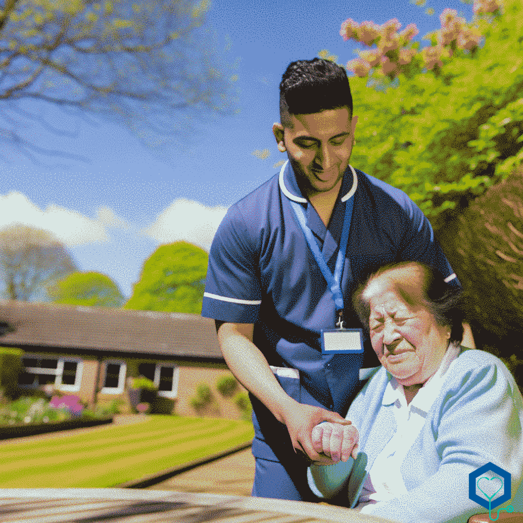 A Middle-Eastern male care assistant helping an elderly Hispanic woman in her daily activities in a care home situated in Cowdenbeath, Scotland, United Kingdom on a day filled with sunshine and clear blue skies. The care home's lush green garden is also visible in the background with blooming flowers and the chirping of birds adding to the serene environment.