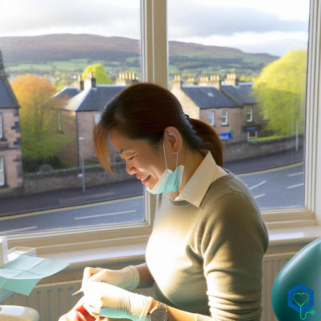 An Asian female dentist diligently working on a patient in a clinic located in Coatbridge, Scotland, United Kingdom. The treatment room is well-lit with large windows, through which you can see the scenic town bathed in the warm glow of the sun. Outside, it is a beautiful day, the sky is clear blue, and you can see lush green trees dancing in the gentle breeze.