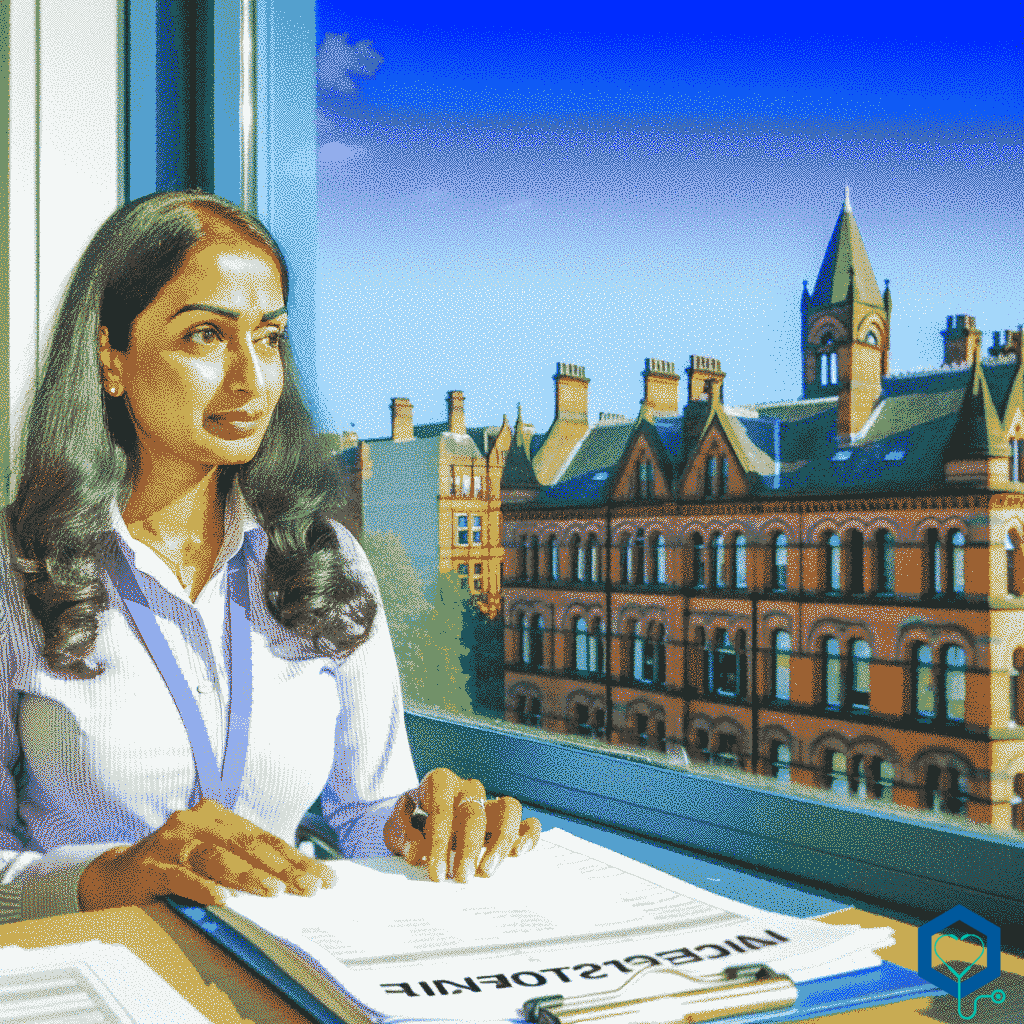 A South Asian female Social Care Administrator, assisting with inspection tasks in Manchester, England, United Kingdom. The day is beautiful, the sky clear with vibrant hues of blue. The architecture around her is a charming blend of Victorian and modern styles. She's efficiently handling documents, communicating with colleagues, and observing the environment with a professional gaze. Her desk is filled with neatly organized reports and files, reflecting her meticulous work habits. Striking balance between her tasks and the urban city life outside her window, her professional demeanor shines on this beautiful day.