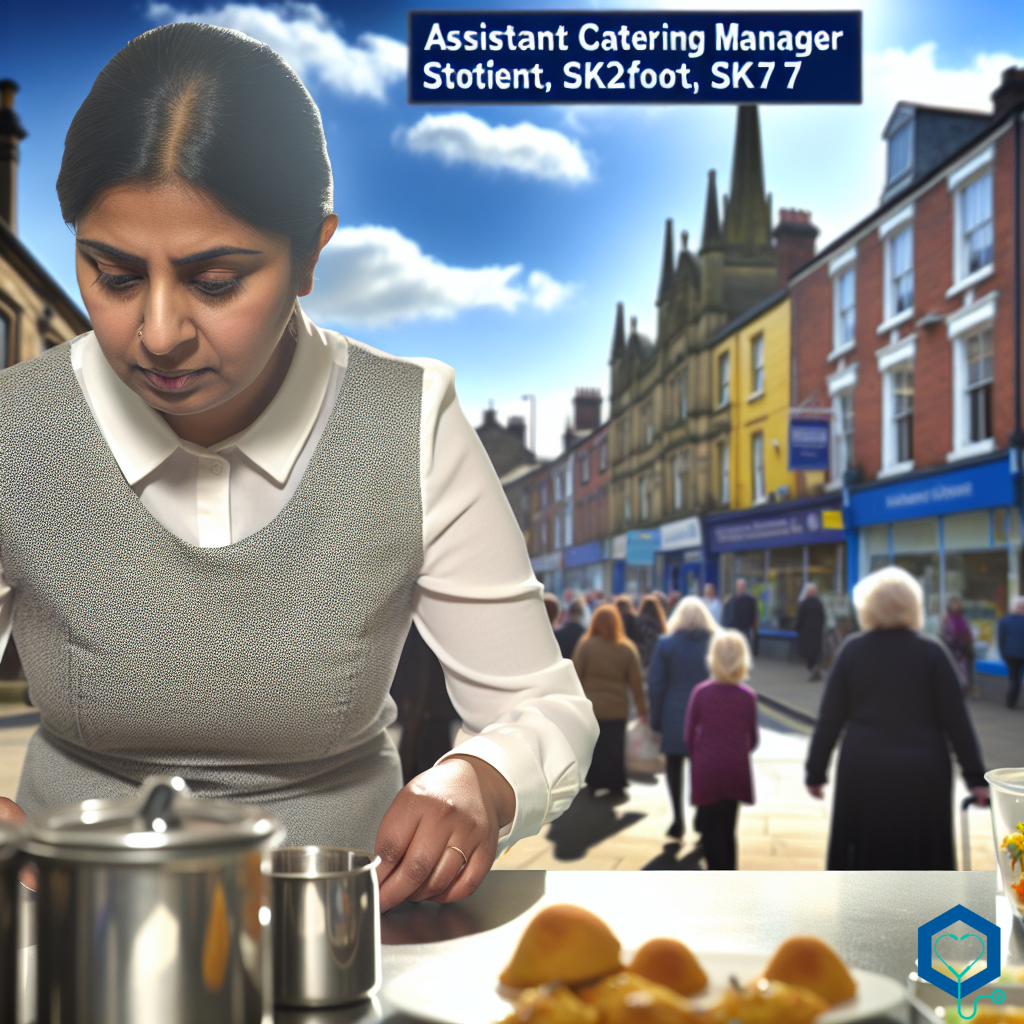 A scene portraying an energetic South Asian female Assistant Catering Manager, engaged in her duties at a location in Stockport, SK2 7JE. She is focused, overseeing both patient and retail aspects of the catering business. The setting is on a beautiful day, with clear skies and sunlight bathing the town. Buildings, streets, and passersby add vibrancy to the scene, providing a snapshot of everyday life in Stockport. The catering manager, in her professional attire, represents diligence and dedication, embodying the spirit of life in bustling Stockport.