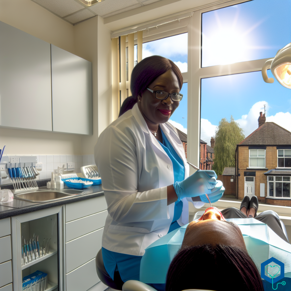 An image illustrating a Black female associate dentist diligently working inside her modern dental clinic in Chesterfield, England, United Kingdom. The weather outside the window is beautiful with clear skies and bright sunshine. Inside the clinic, we can see the dentist dressed in her professional attire and medical gloves, attending a patient comfortably sitting in the dental chair. The room is filled with an aura of calmness and professionalism. Dental tools are neatly organised in the background, exhibiting the high level of hygiene and care maintained in the clinic.