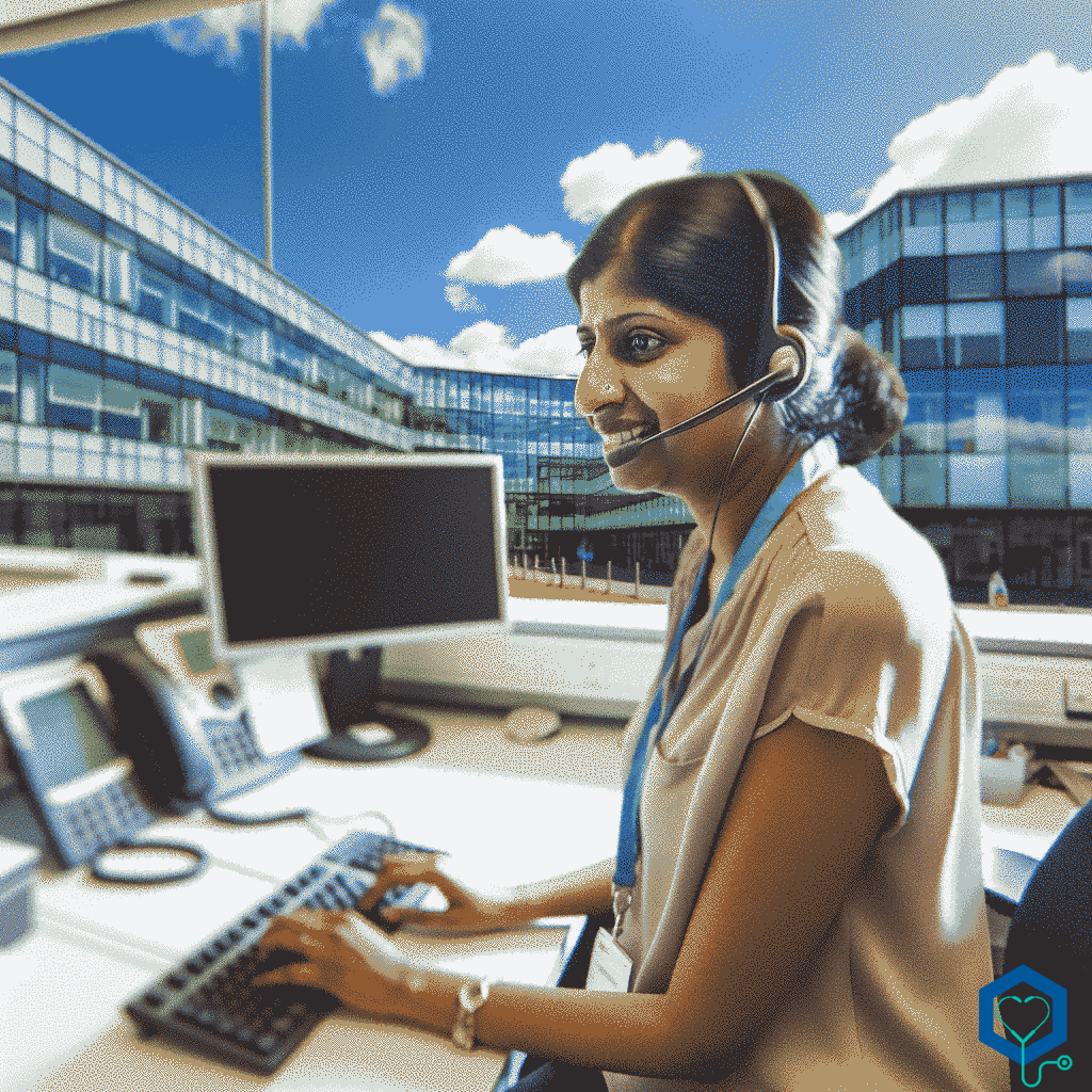 An image of a professional South Asian female receptionist at work in a modern biomedical campus located in a city similar to Cambridge. It is a beautiful day, the sky is bright blue with a few fluffy white clouds. The buildings are modern and made of glass, reflecting the beautiful luminosity of the day. Inside her workspace, she is busy at her desk, answering phone calls and typing in information into the computer. She is wearing a light-colored blouse and a headset, with a welcoming smile.