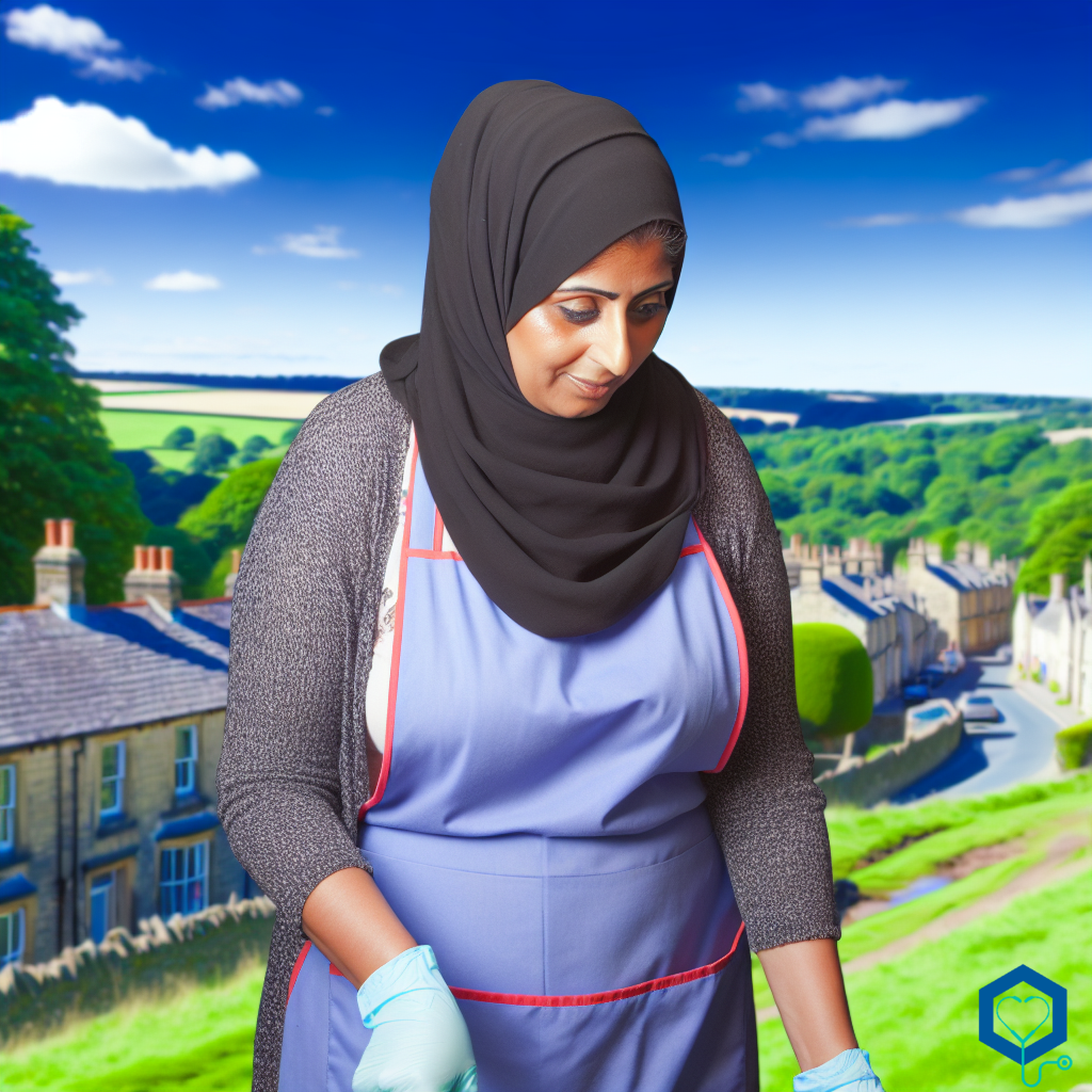 An image of a Middle-Eastern female Live-In Carer working in the scenic town of Harrogate, England, on a perfect sunny day. The scene captures the serene surrounding environment of Harrogate, showcasing its beautiful landscapes and flawless weather, with the Live-In Carer involved in her daily tasks, providing a glimpse into her laborious yet impactful occupation.