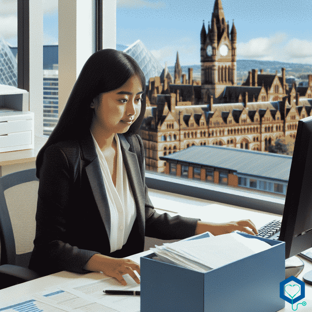 An image that depicts a Clinical Trials Support Assistant of Asian descent, female, at work in a modern and bustling office setting. Surroundings should represent Manchester, England, United Kingdom. She is sitting at her desk, focused on her computer, surrounded by trial-related paperwork. Outside, it is a beautiful, clear, and sunny day, with iconic Manchester cityscape visible through the large office window. The assistant is wearing smart professional attire and looks carefully engaged with her work, showcasing the significance of her role in medical research.