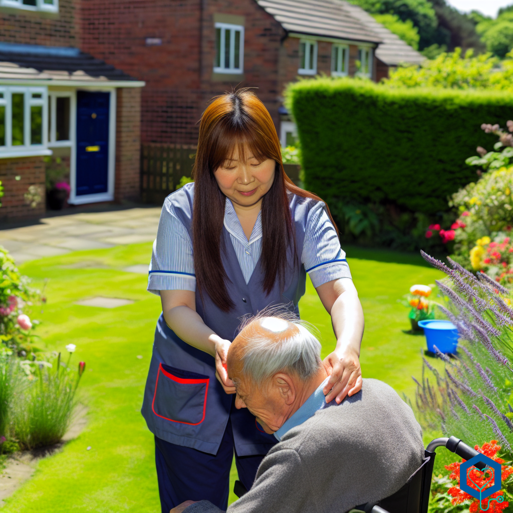 A detailed and engaging scene depicting a hospitable Asian female Live-In Carer assisting an elder Caucasian male, her patient, on a beautiful sunny day in Leeds, England, United Kingdom. The environment around them is peaceful, featuring a typical British house garden filled with beautifully bloomed flowers and lush greenery. The caregiver demonstrates professionalism, kindness, and patience while fulfilling her duties, which adds to the warmth and loveliness of the day.