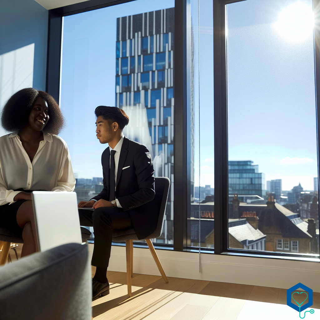 A Black female assistant psychologist, and a South Asian male partnerships executive, work together in an office in London, England on a bright and beautiful day. The room has large windows that allow the sunshine to stream in, illuminating the modern decor. Outside the window, a view of the city's skyscrapers against a clear blue sky can be seen.