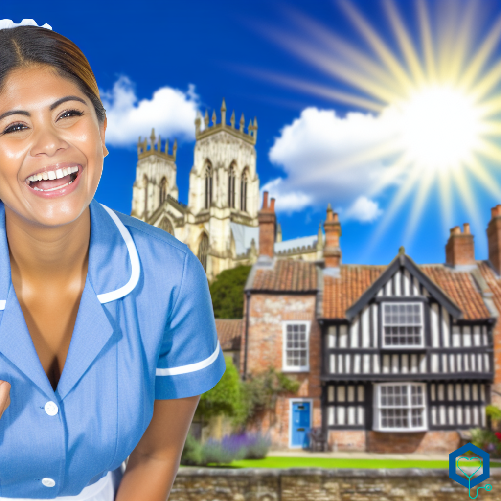 An image depicting a Hispanic female Care Assistant at work in the historical city of York, England, United Kingdom. She has a joyous expression on her face as she tends to her duties, engaging in her work compassionately. The backdrop showcases a beautiful day, with clear blue skies, bright sunshine, and charming old architectures that York is known for. Pictorial elements include the Care Assistant in her uniform, the sunny weather conditions, and historically significant buildings in the background.