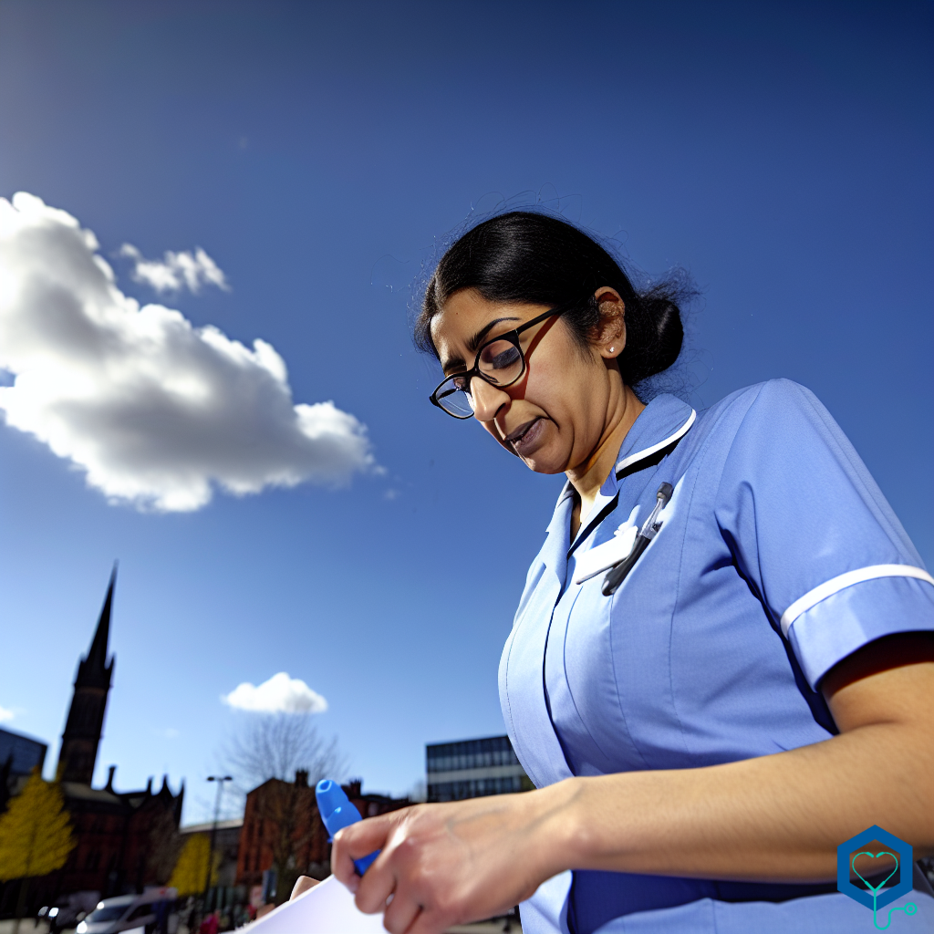 A nursing assistant, of undefined gender and South Asian descent, is working diligently in the city of Manchester, England, United Kingdom. It's a beautiful sunny day. The sky is clear with a few white fluffy clouds passing by. The nursing assistant is captured mid-action, perhaps helping a patient or doing some paperwork. The setting around them is a bustling healthcare environment, conveying the importance and urgency of their work.