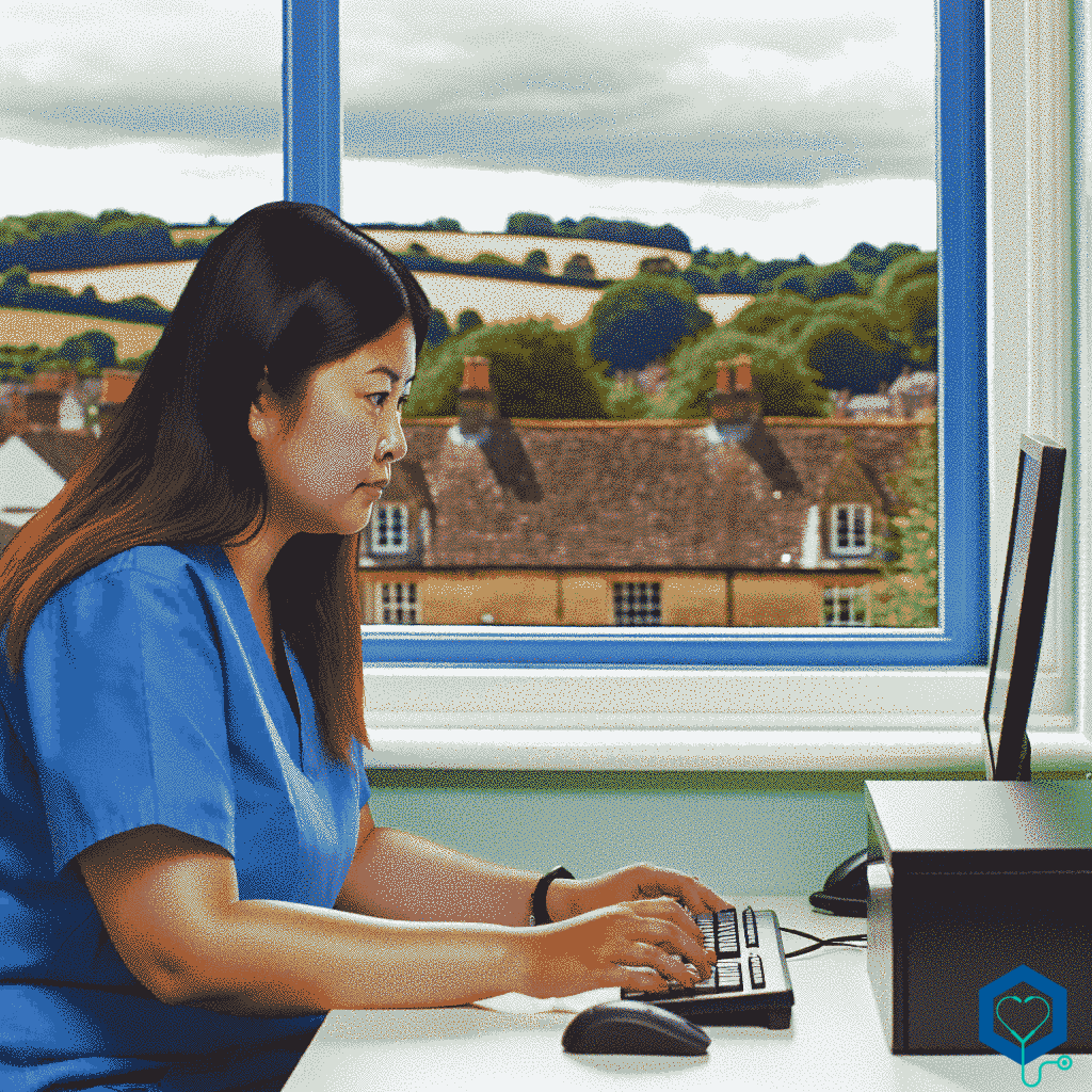 An Asian female Lead for Urgent Care is working in her office in Chippenham on a bright, sunny day. Through the large windows of her office, the picturesque English countryside with its rolling hills and lush greenery can be seen. She is dressed in medical scrubs and appears focused, diligently finishing her tasks on the computer while not forgetting to enjoy the beautiful view.