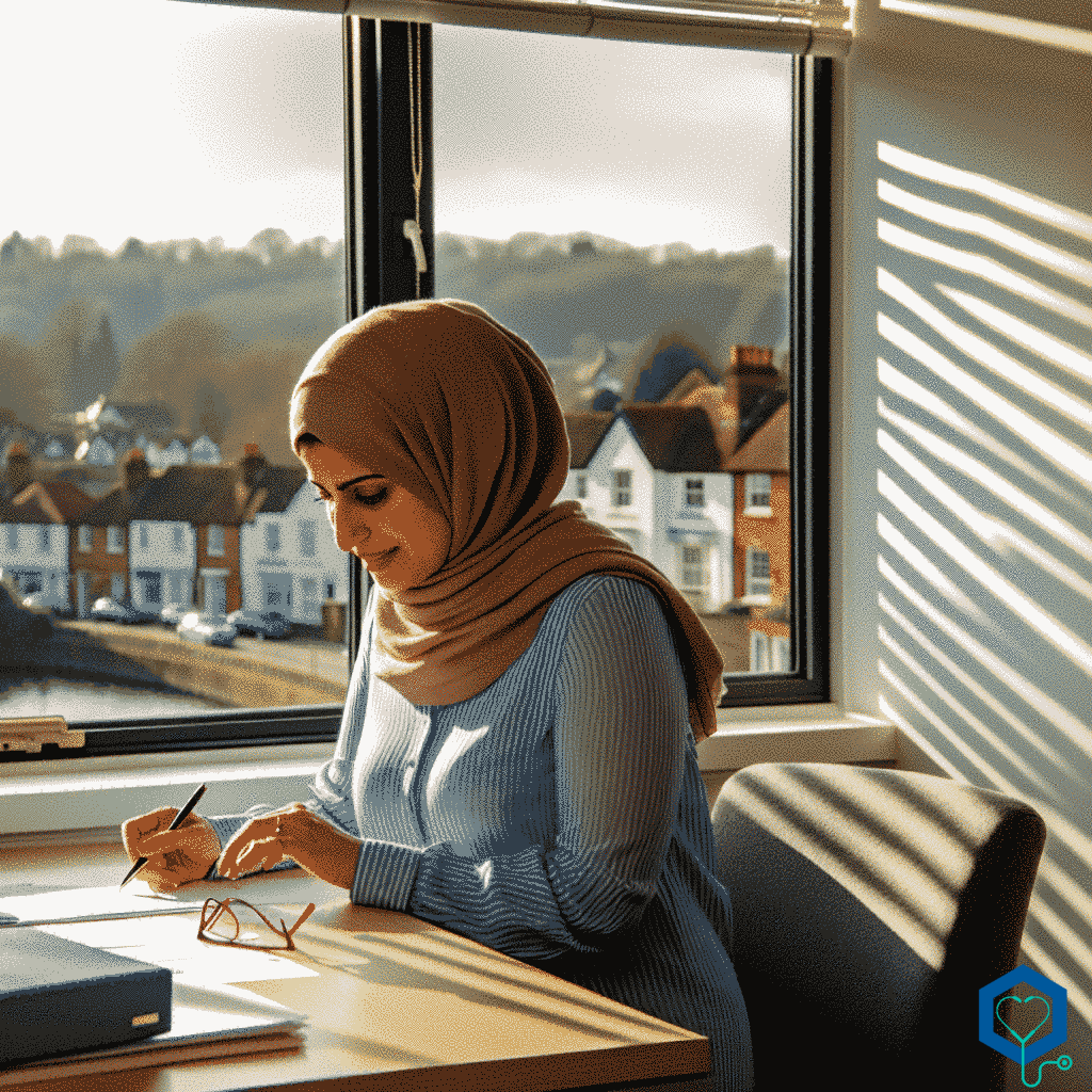 A female, Middle-Eastern Assistant Psychologist working on Initial Interventions in her office at Royal Tunbridge Wells, England, United Kingdom. It's a lovely day, with sunlight softly shining through the blinds of the window, casting patterns on the office furniture, while she's engrossed in her work. Outside, the landscape of the town, with its charming buildings and lush greenery, is clearly visible.